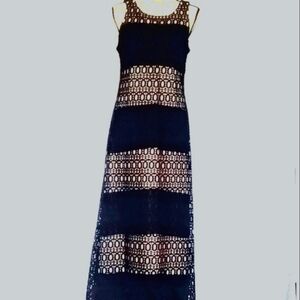 Sandra Darren Black Tan Colorblock Maxi Dress with Black Lace Overlay, S…